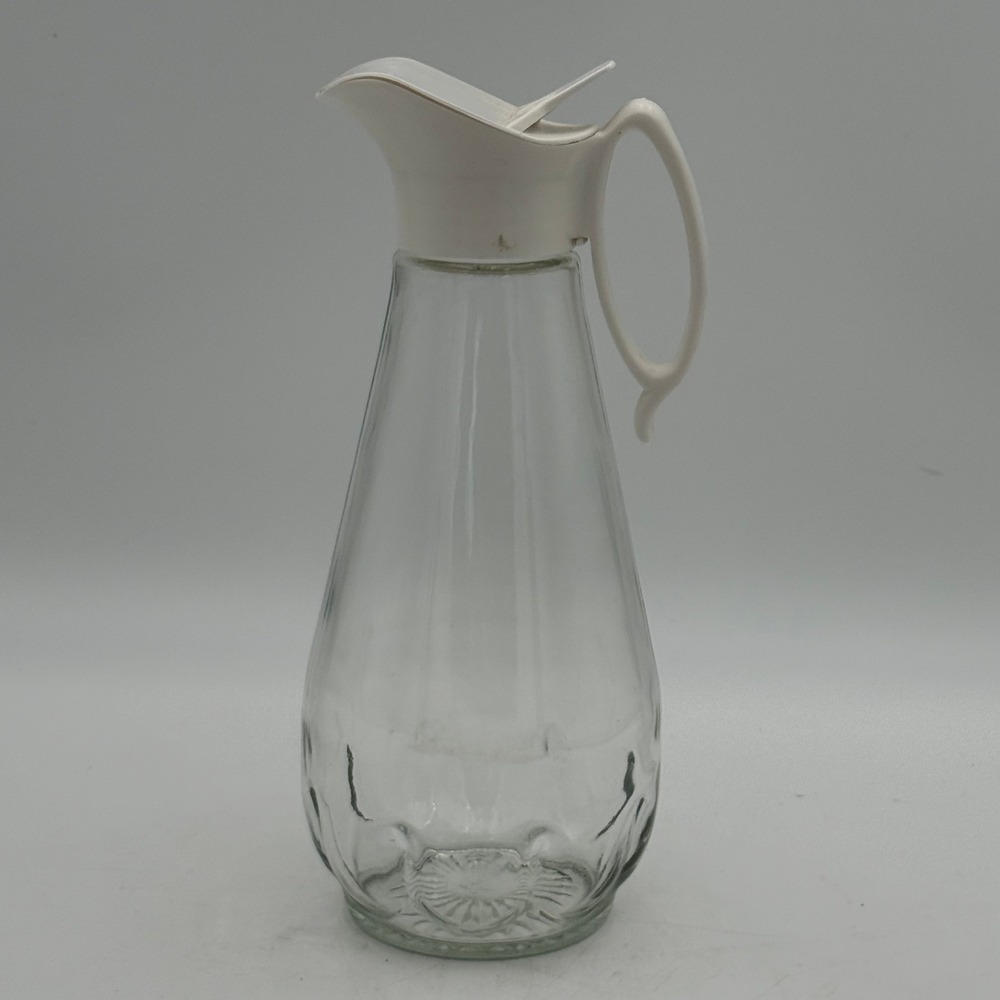 Vintage Log Cabin Syrup Pitcher Clear Glass White Flip Top Lid 9.5 Inch